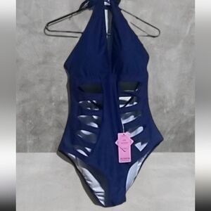 NEW Navy Cutout Halter One-Piece Swimsuit XL18